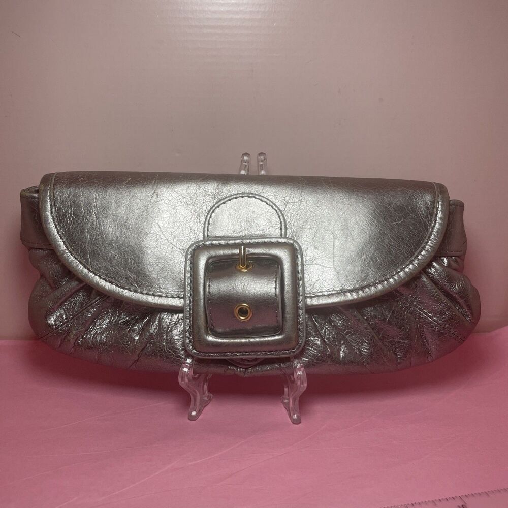 Trina Turk Leather Clutch Purse Wristlet Handbag Bag Metallic